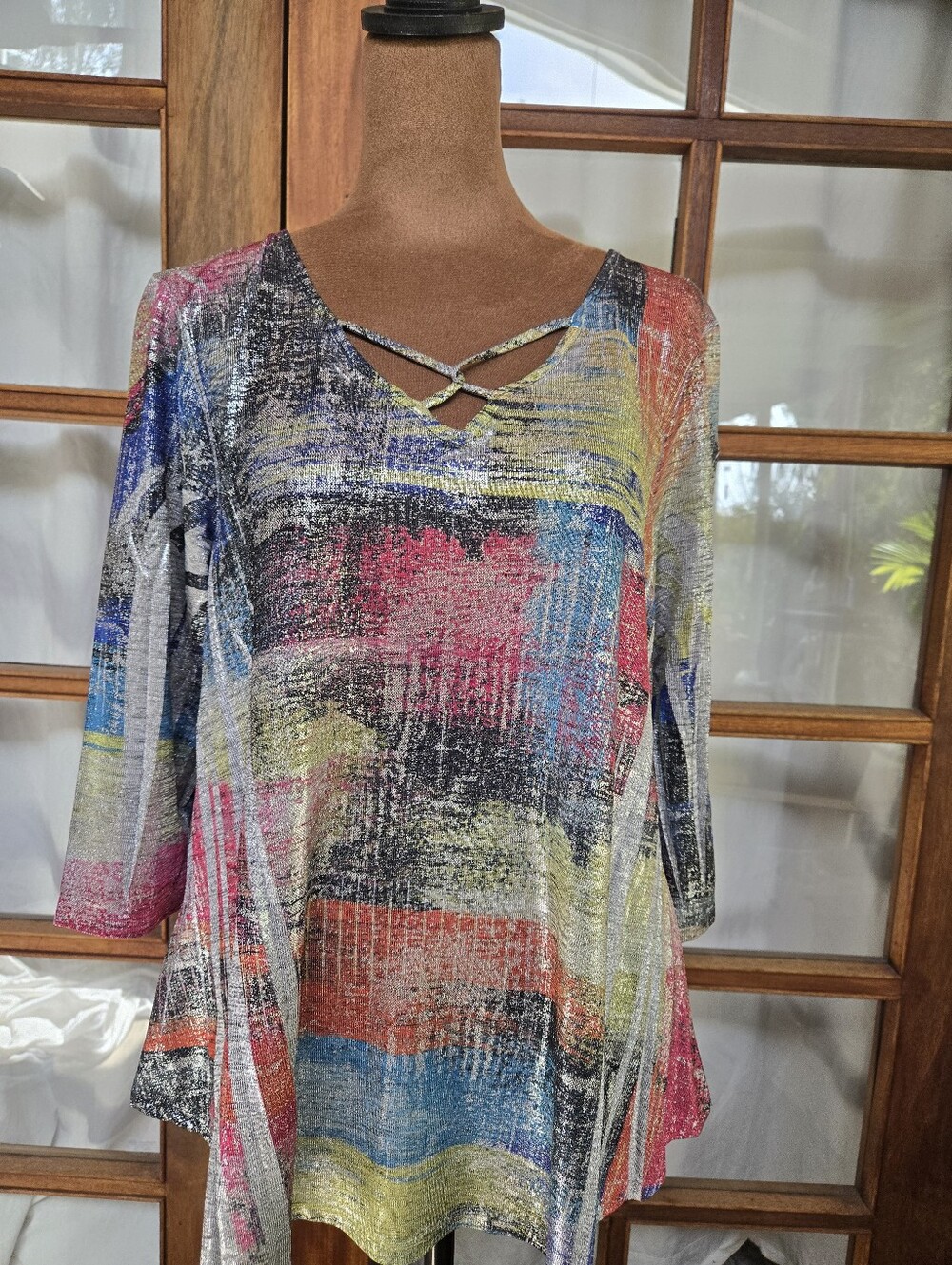 Pulse Multicolor Crisscross V-Neck Tunic in Pink, Blue, Yellow, Black And Silver